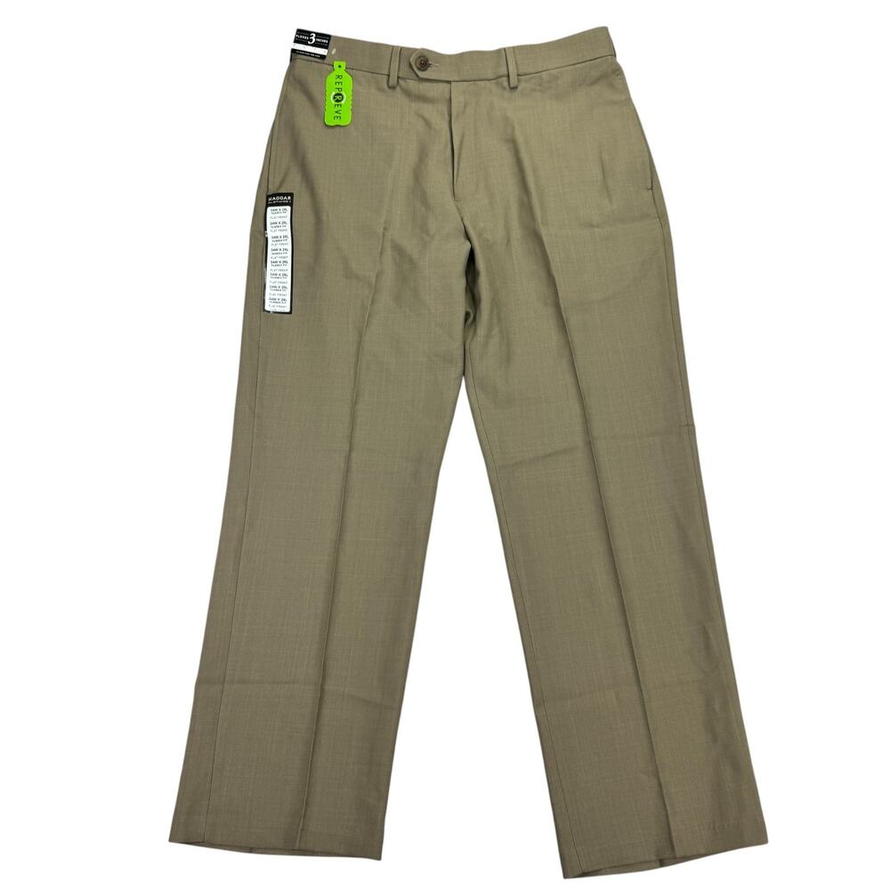 Haggar Mens ECLO Stria Classic Fit Flat Front Dress Pants Taupe 34x29